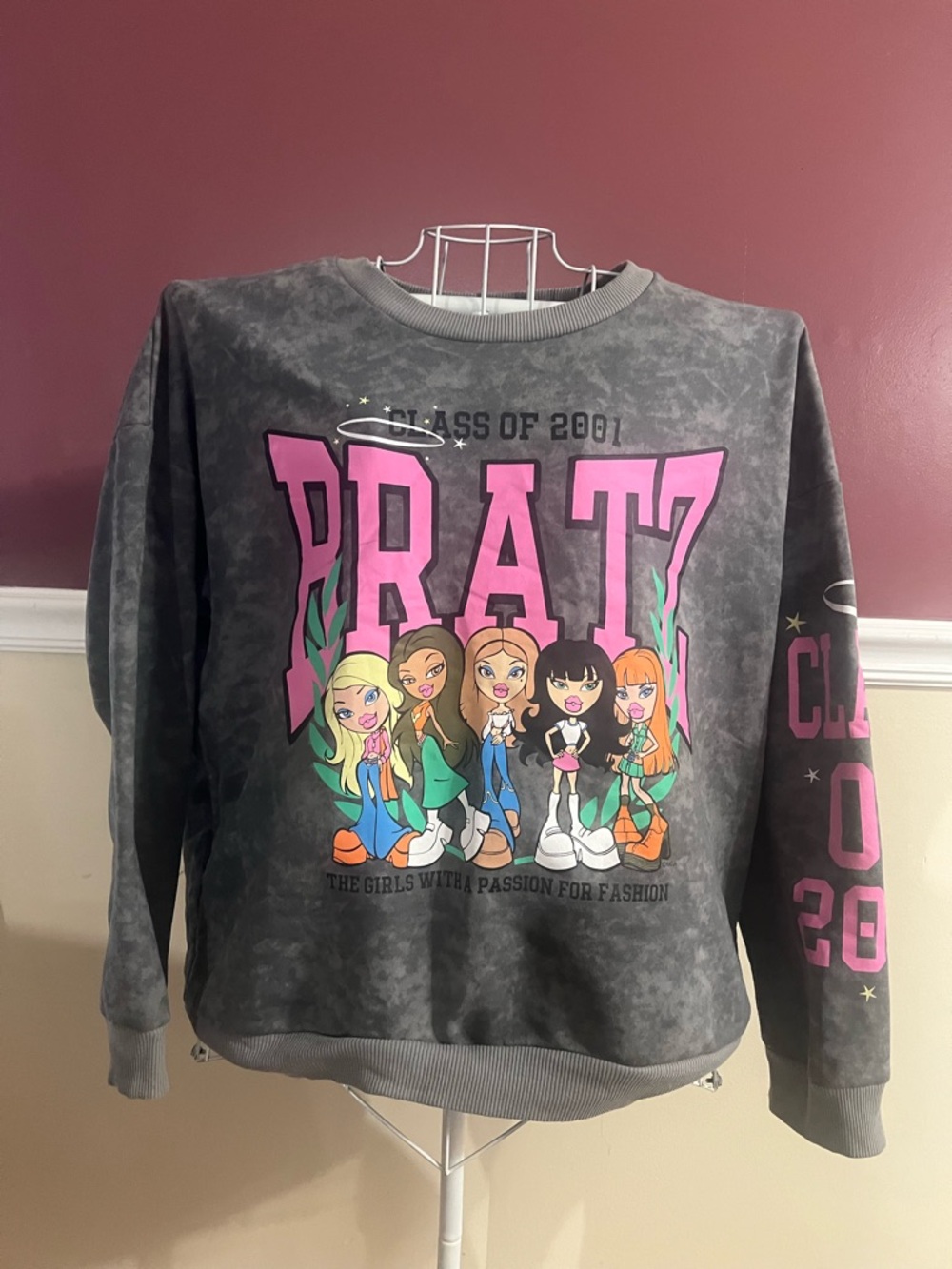 PRAT Graphic Crewneck Sweatshirt in Charcoal with Pink Accents